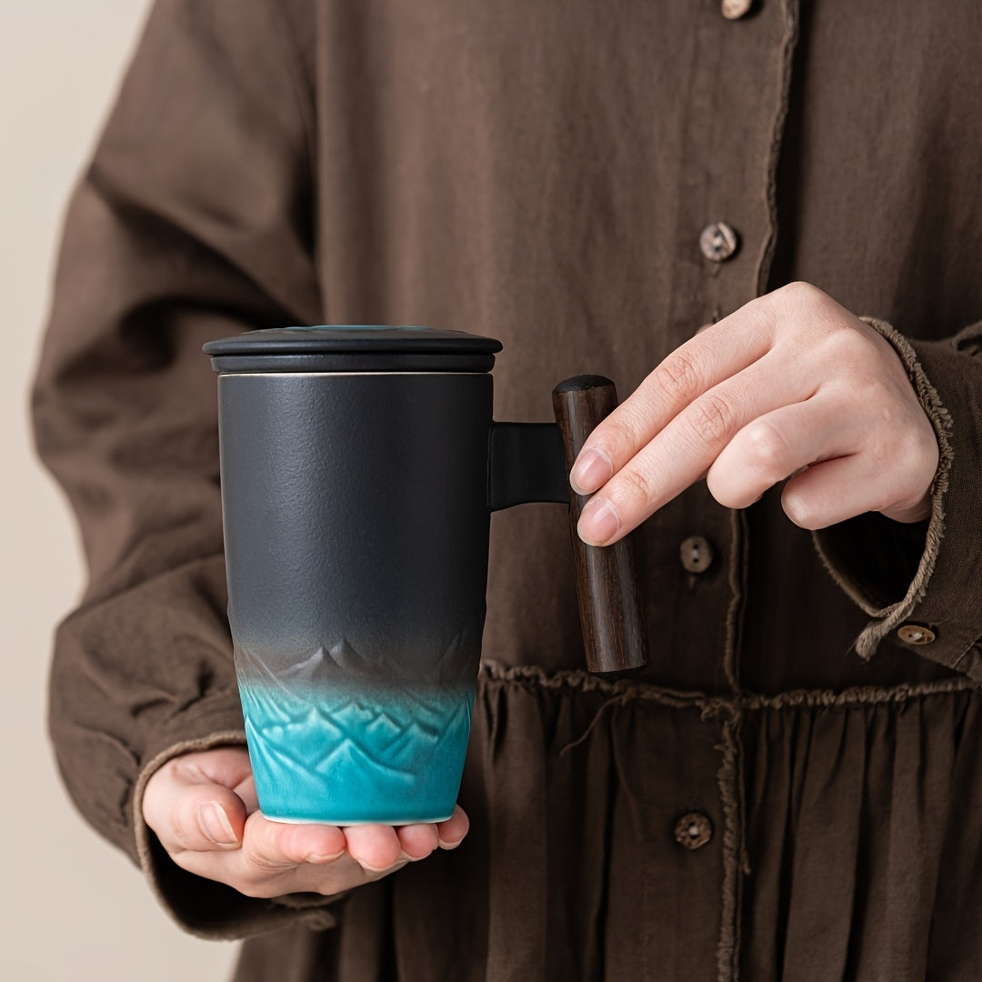 Vintage Style Ceramic Tea Mug with Infuser & Wood Grip