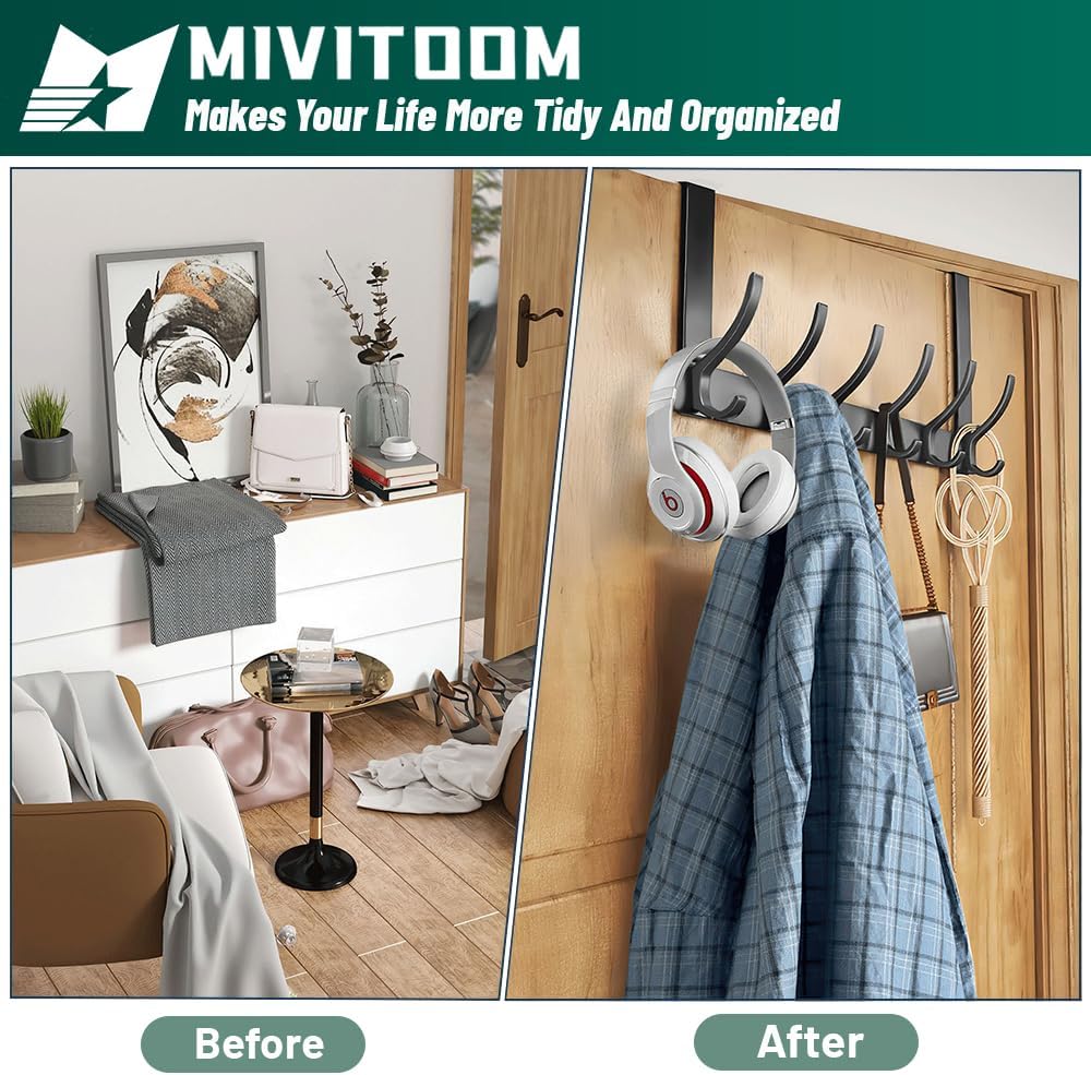 Space Saving Over Door Hook Rack with 6 Hooks