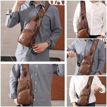 Big Mens Leather Chest Bag Waterproof Laptop Backpack