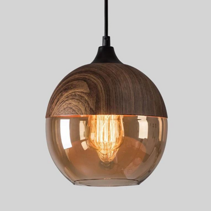 Rustic Wooden Pendant Light with Tinted Glass Shade