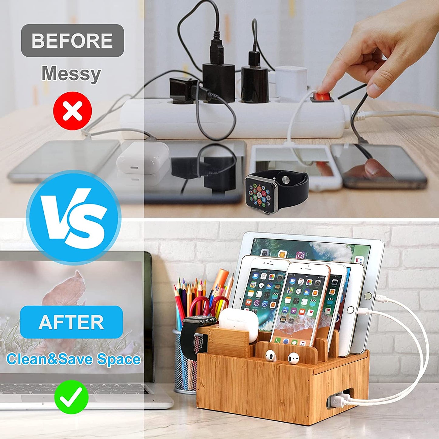 Eco Friendly Bamboo USB Charging Hub and Organizer