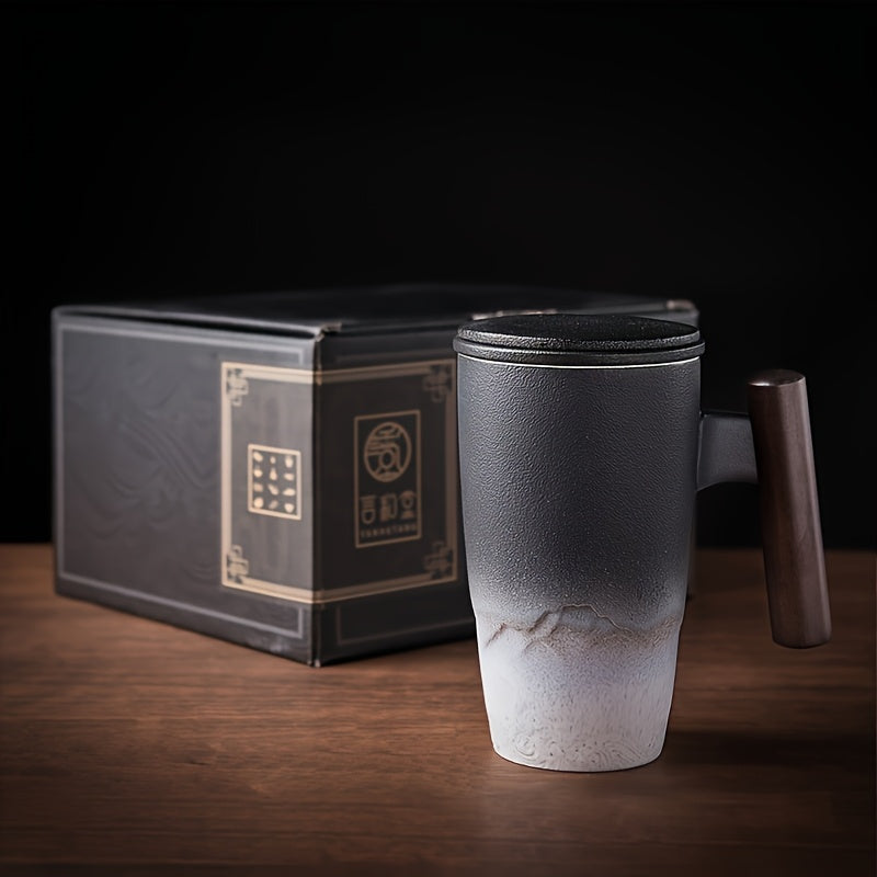 Vintage Style Ceramic Tea Mug with Infuser & Wood Grip