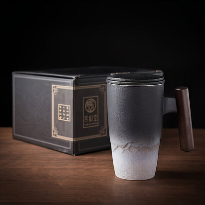 Vintage Style Ceramic Tea Mug with Infuser & Wood Grip