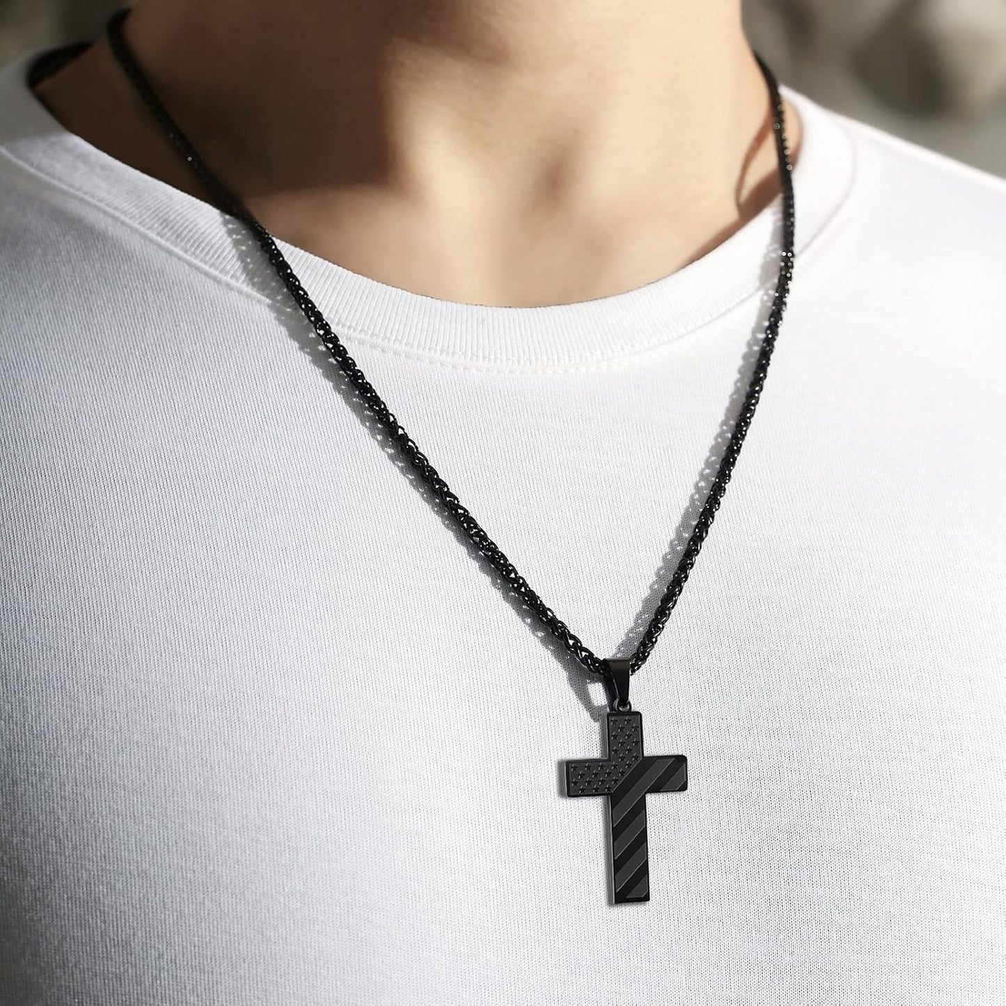 Patriotic US Flag Cross Pendant Necklace