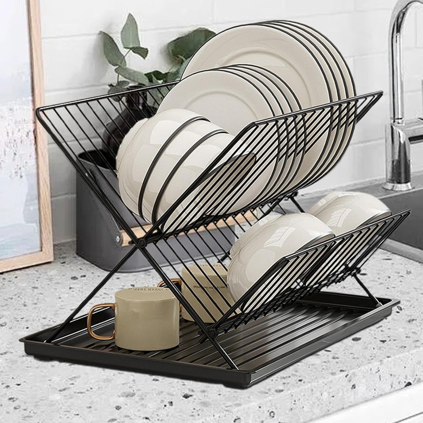 Space Saving 2 Tier Dish Rack with Removable Tray