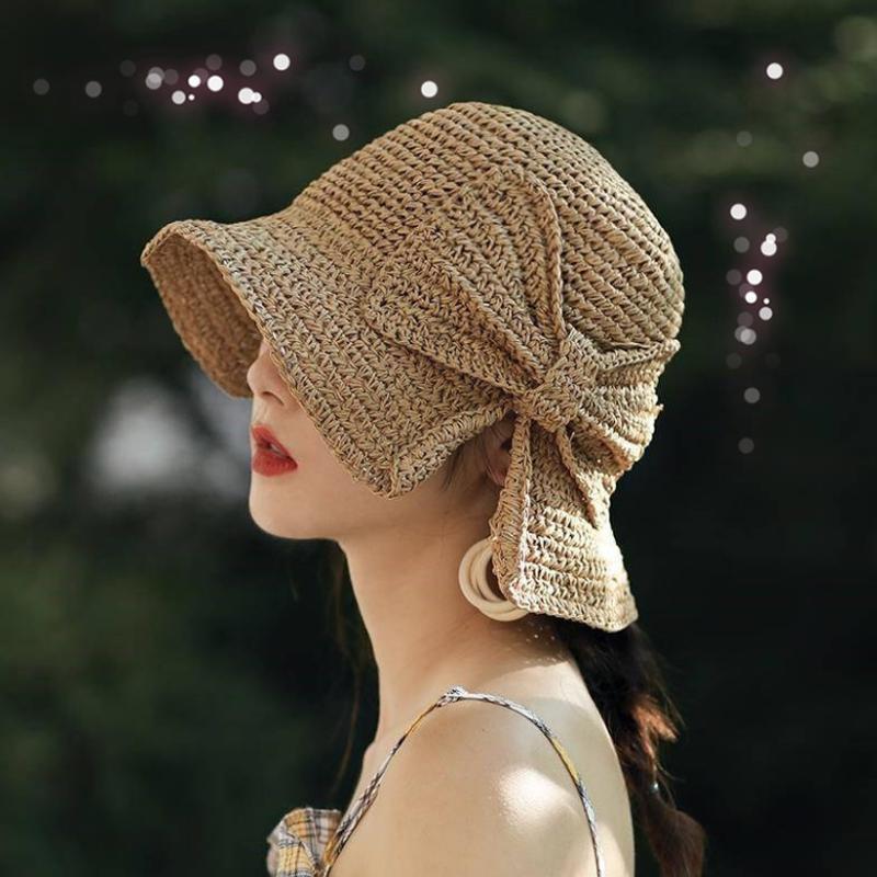 Vintage Foldable Straw Hat with Ribbon