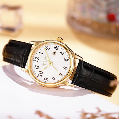 Classic Ladies Quartz Watch with Fake Leather Band