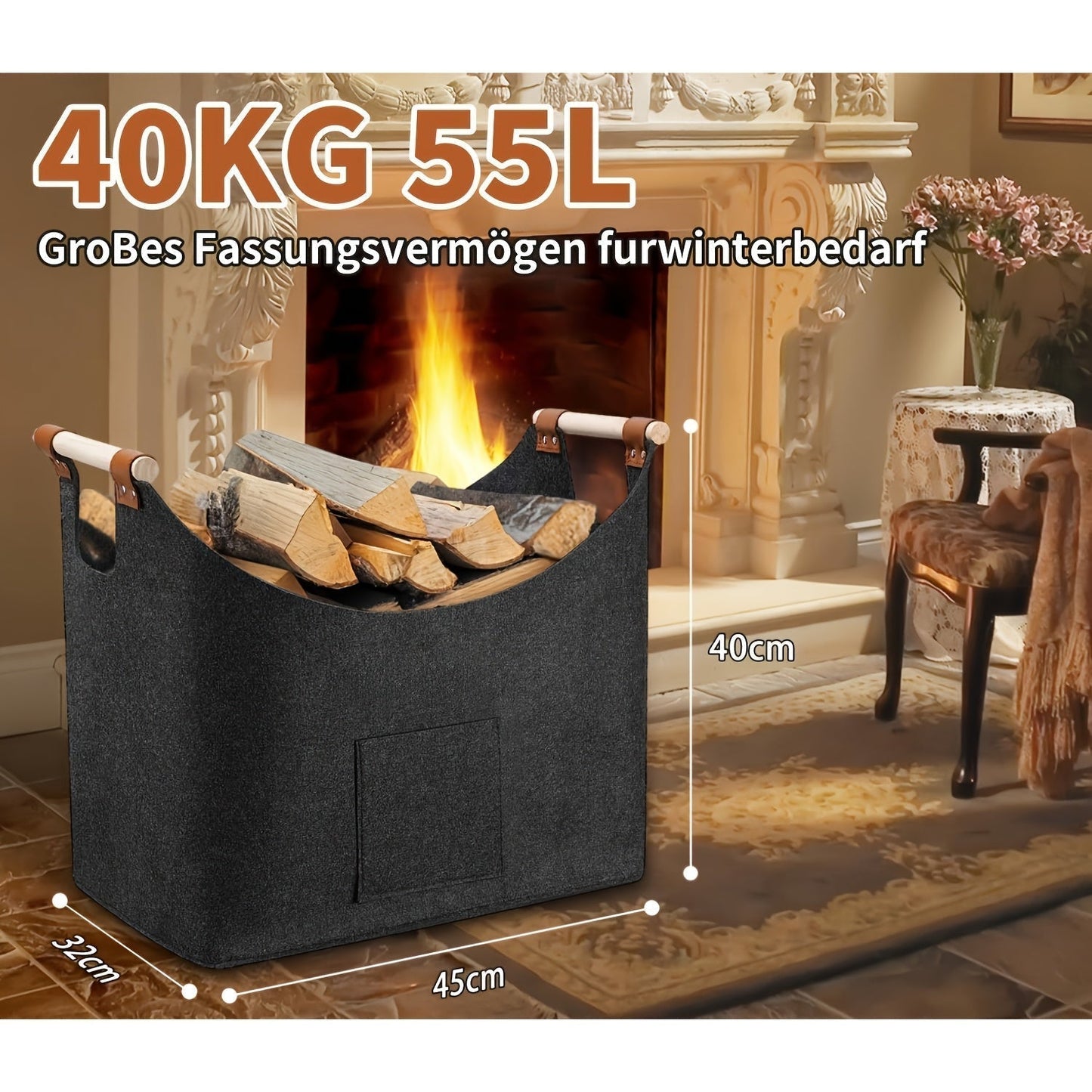 Collapsible Felt Storage Box with Wood Handles, Dark Grey