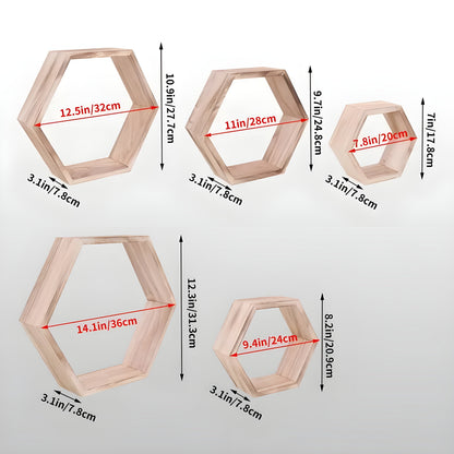 Rustic Wooden Wall Shelves 5-Piece Hexagon Set