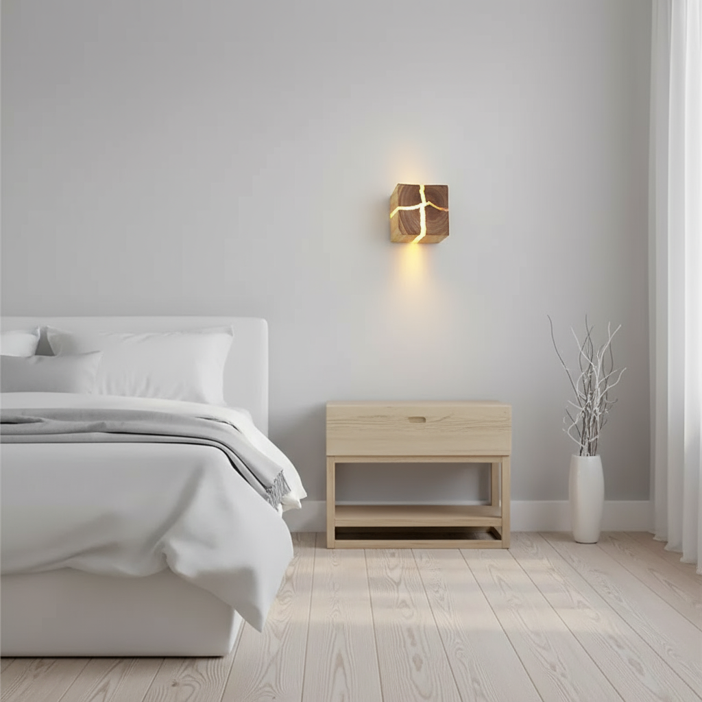 Natural Wooden Square Wall Lamp 1-Light