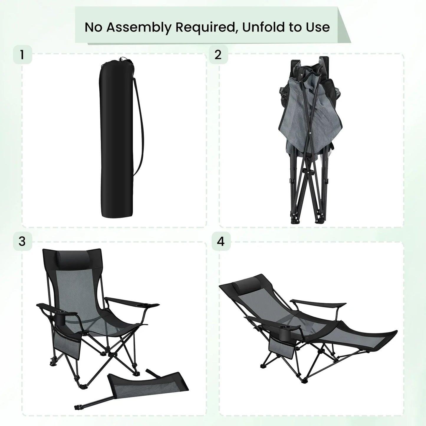 Compact Folding Recliner Chair with Footrest - Grey