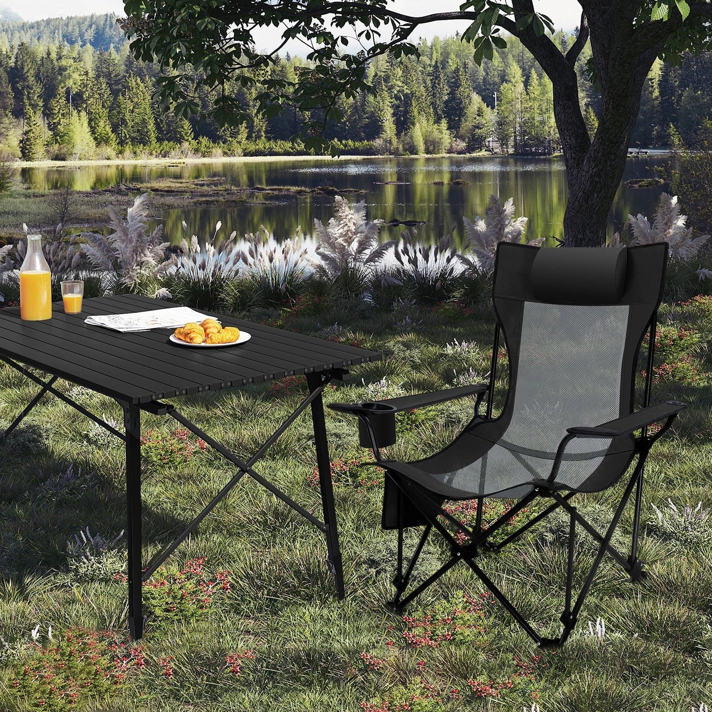 Compact Folding Recliner Chair with Footrest - Grey