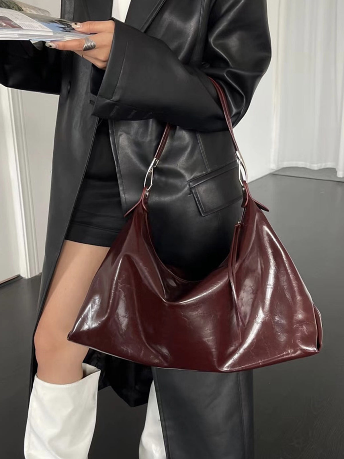 Large Ladies Tote Bag Black PU - Fesara
