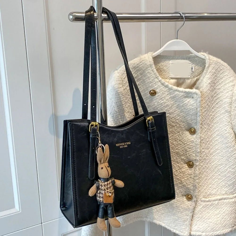 Cute Large Faux Leather Tote Bag with Bunny Charm - Fesara