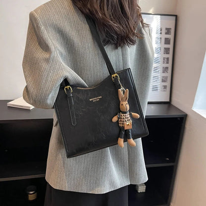 CharmBun | Playful Spacious PU Leather Tote Bag with Rabbit Pendant 5