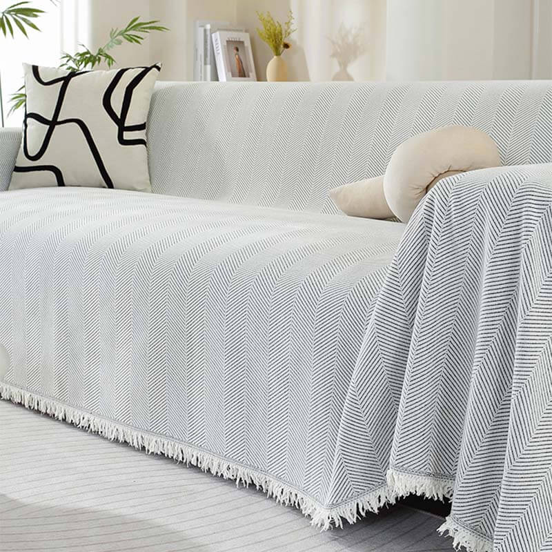 Stylish Herringbone Couch Cover with Fringe Home Decor Protector