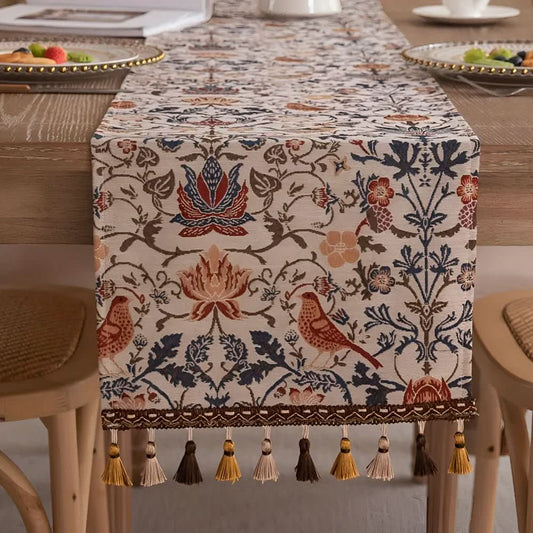 Beautiful Floral Table Runner with Bird Pattern - Fesara