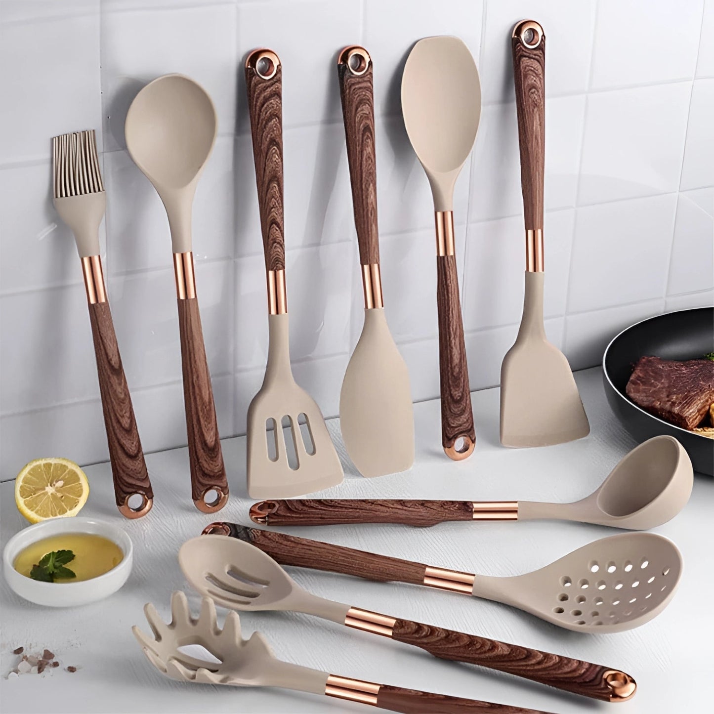 Silicone & Wood Kitchen Utensil Set for Home Cooking - Fesara