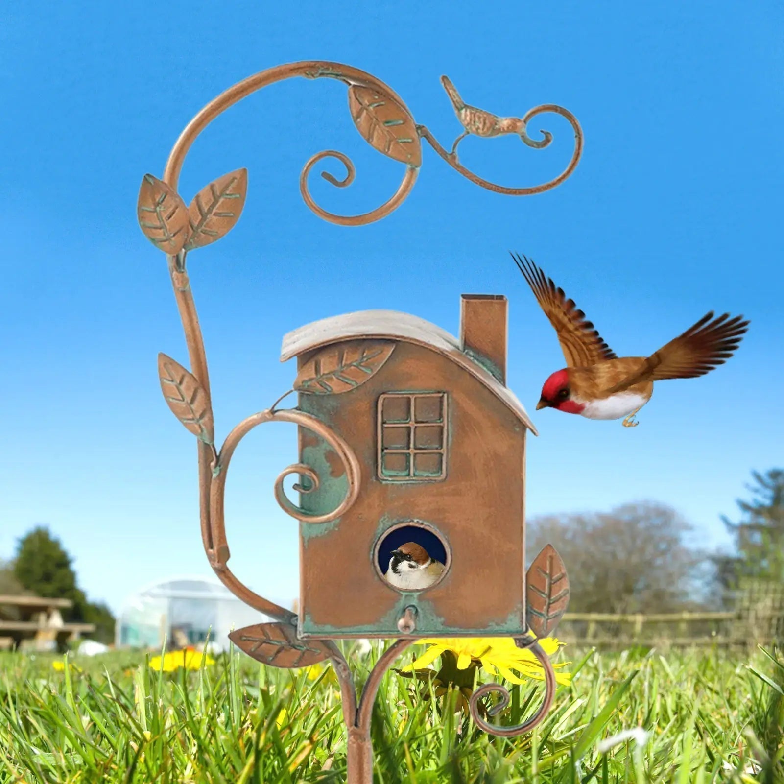 Rustic Metal Birdhouse Garden Stake - Fesara