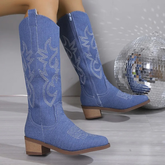 Classic Blue Women's Cowboy Boots with Embroidery - Fesara