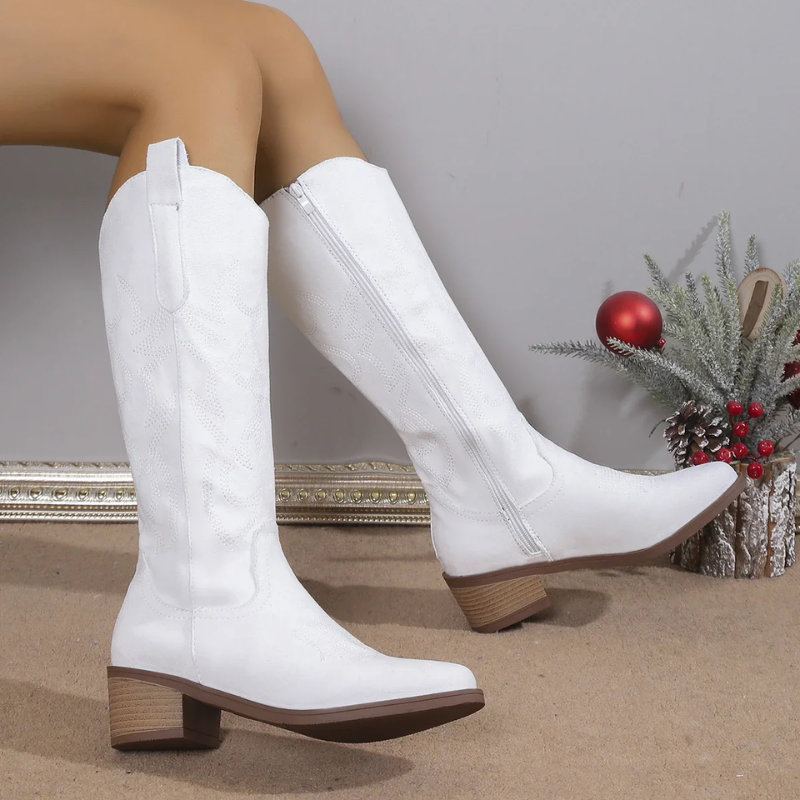 Denim Cowboy Boots for Women with Western Embroidery and Comfortable Block Heel - Blue 3