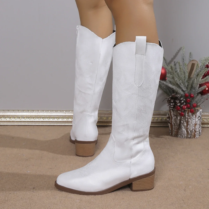 Denim Cowboy Boots for Women with Western Embroidery and Comfortable Block Heel - Blue 4