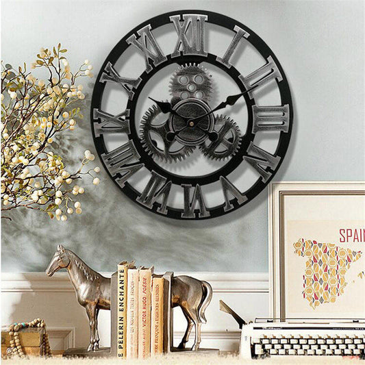 Vintage Style Wall Clock - Rustic Wood Gear Decoration - Fesara