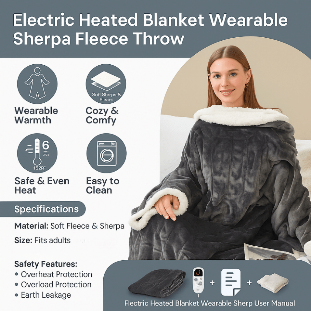 Cozy Wearable Electric Fleece Blanket for Adults
