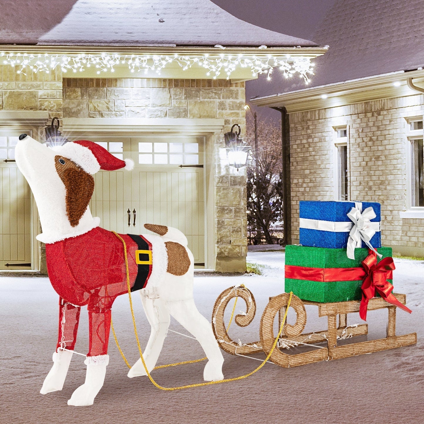 FestivePaws – Lighted Christmas Dog Sled with Gift Boxes Decoration 1