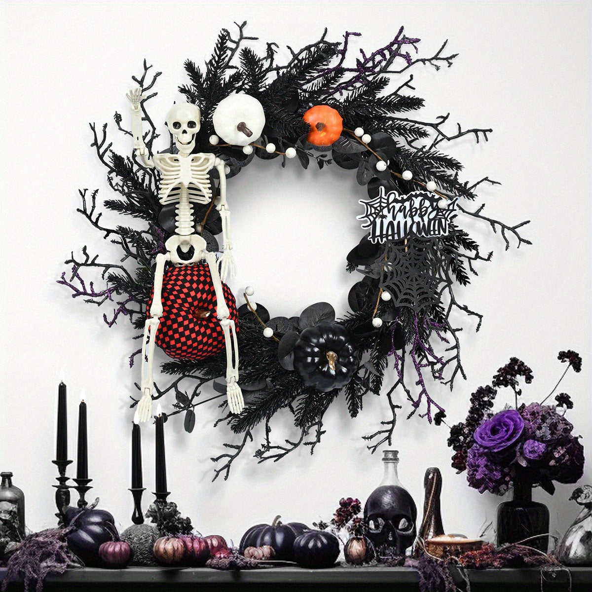 Scary Halloween Wreath with Artificial Pumpkins and Skulls - Fesara
