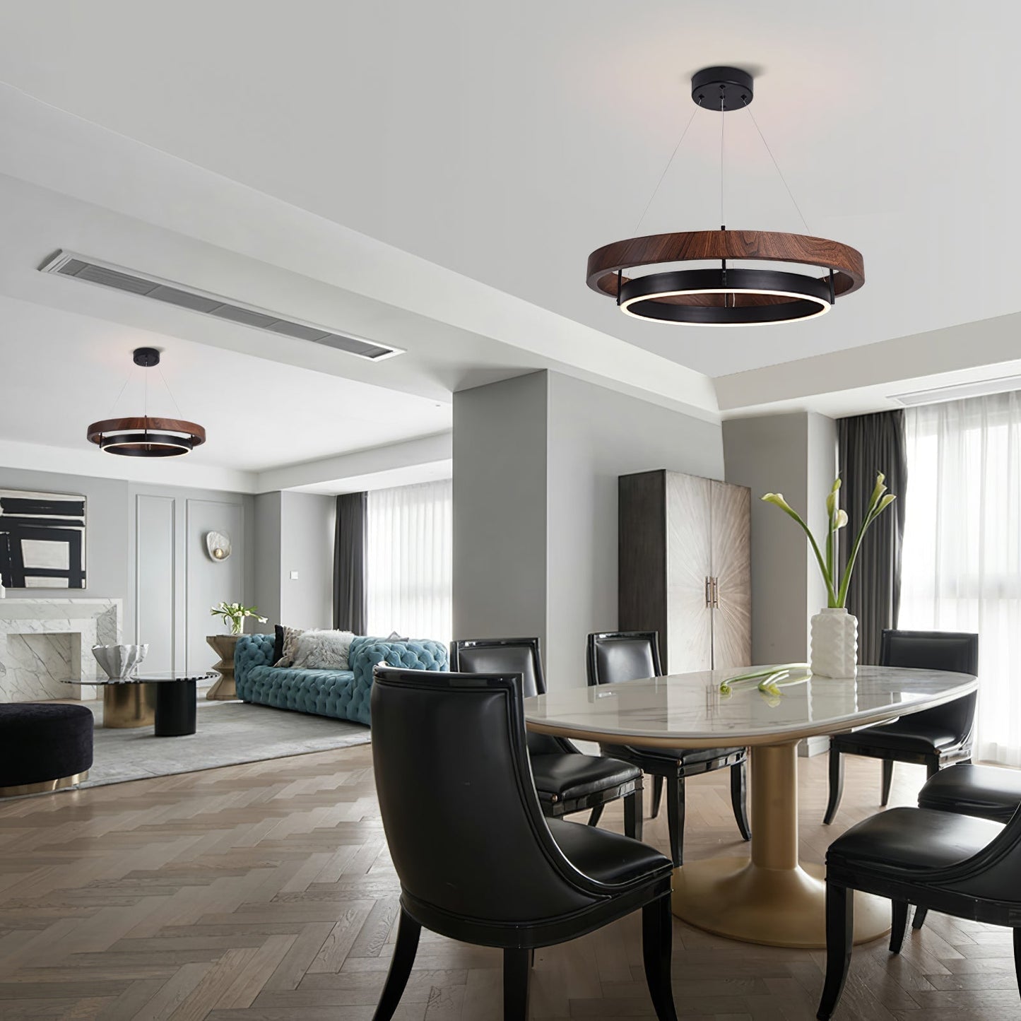 Contemporary Double Ring LED Pendant Adjustable Light Fixture
