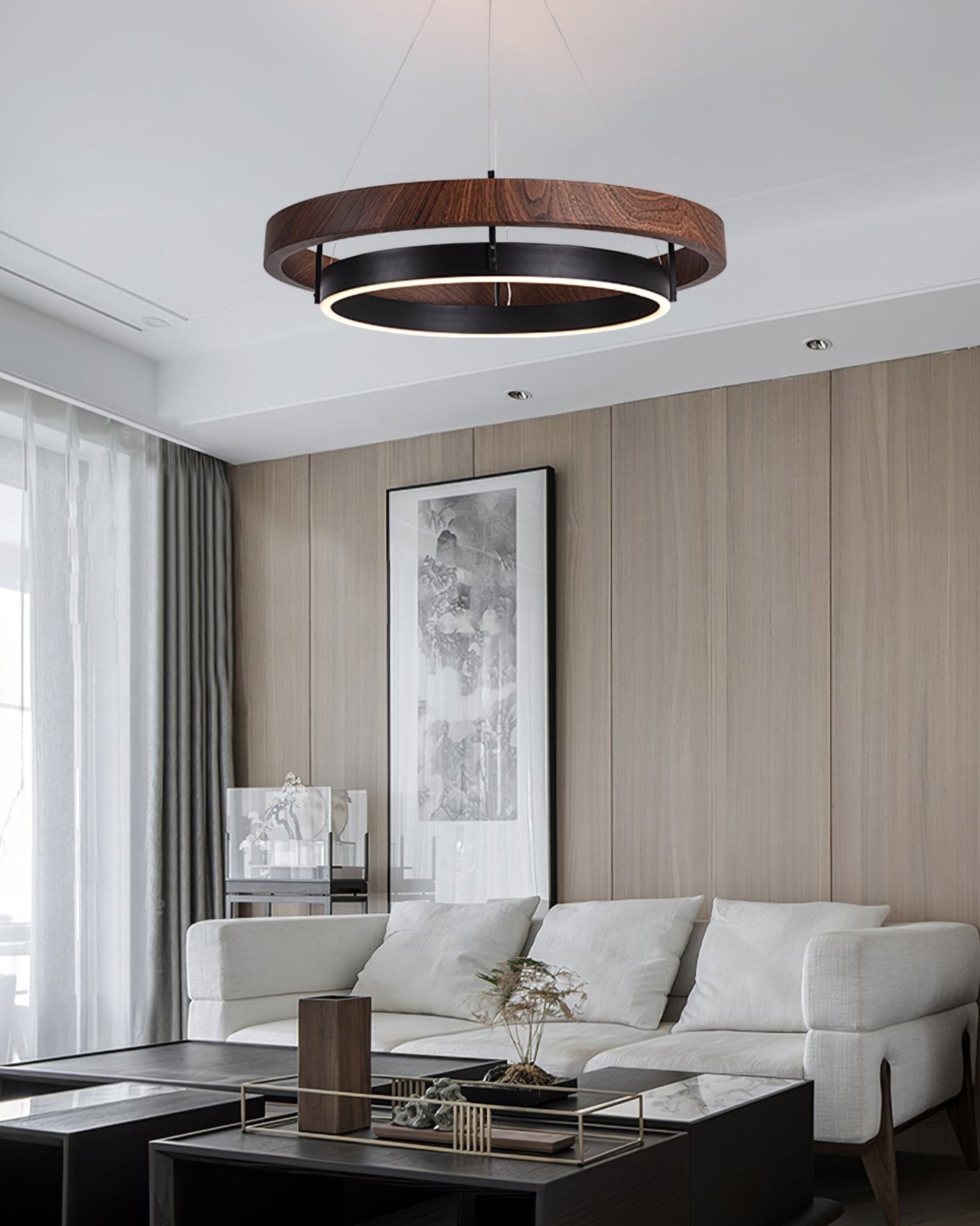 Contemporary Double Ring LED Pendant Adjustable Light Fixture