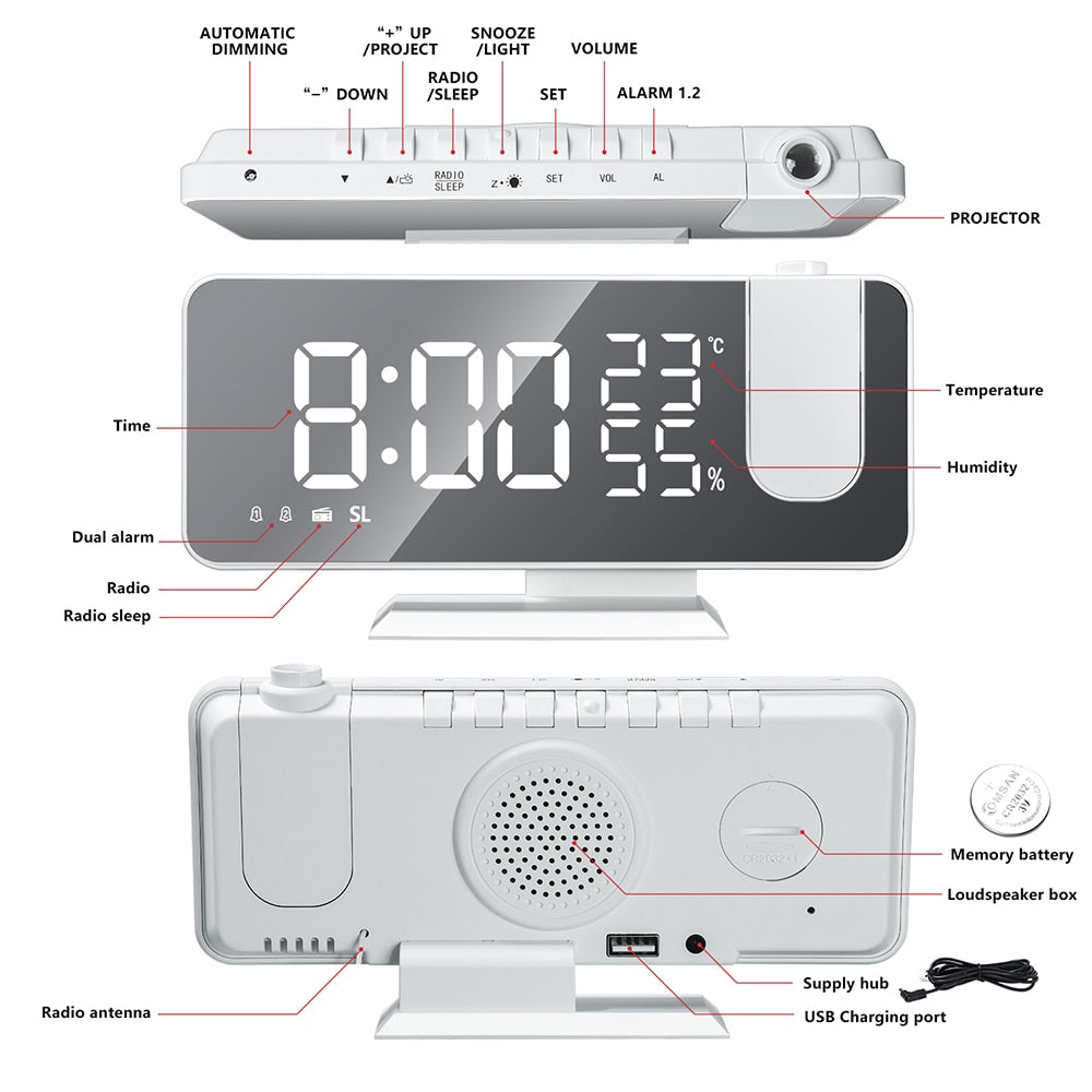 Smart LED Alarm Clock with Projector and USB Charging