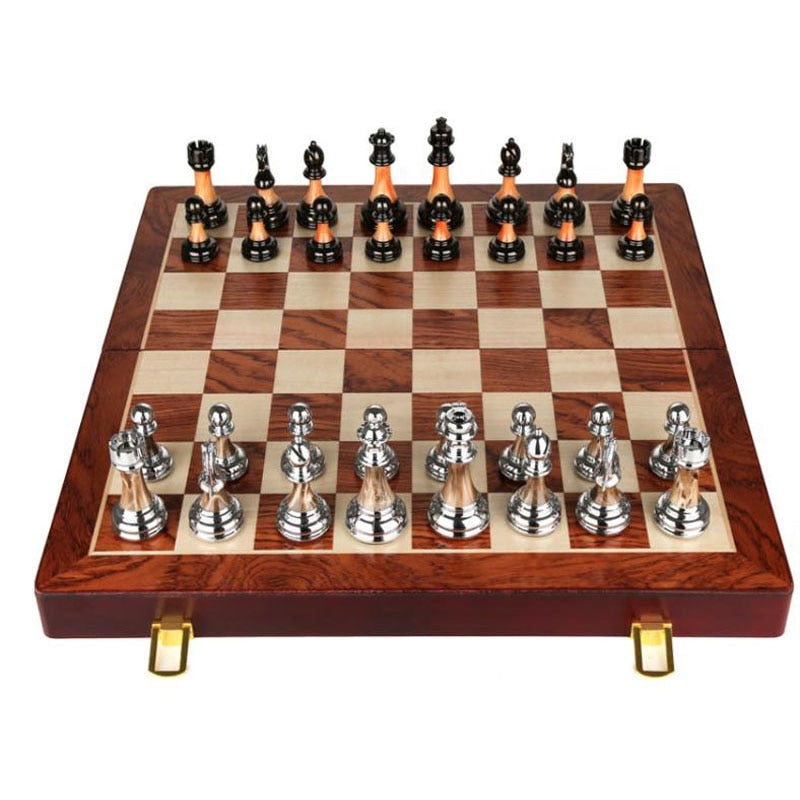 High Quality Wooden Chess Set with Large Metal Pieces