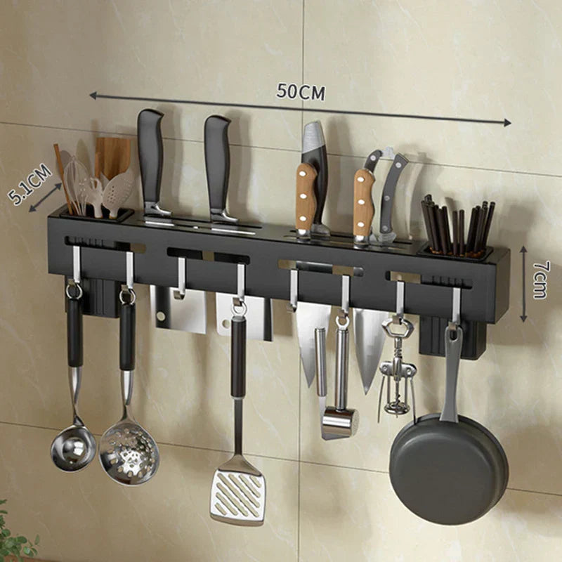 Modern Wall Mount Knife Rack with Utensil Hooks