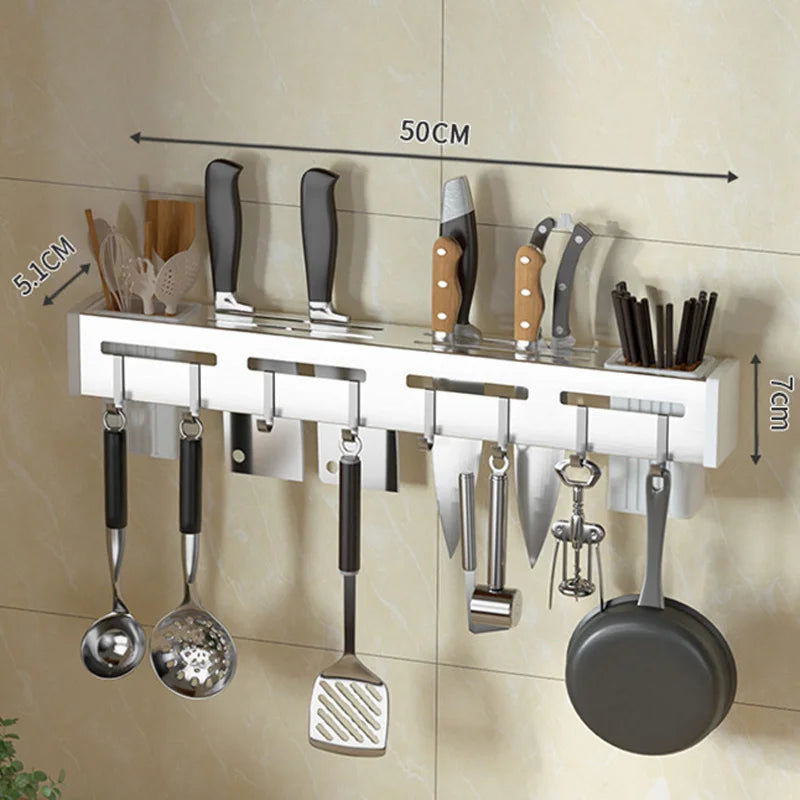 Modern Wall Mount Knife Rack with Utensil Hooks