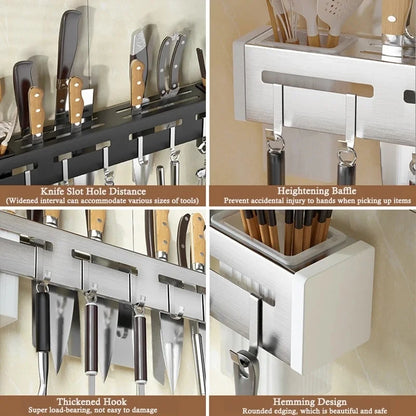 Modern Wall Mount Knife Rack with Utensil Hooks