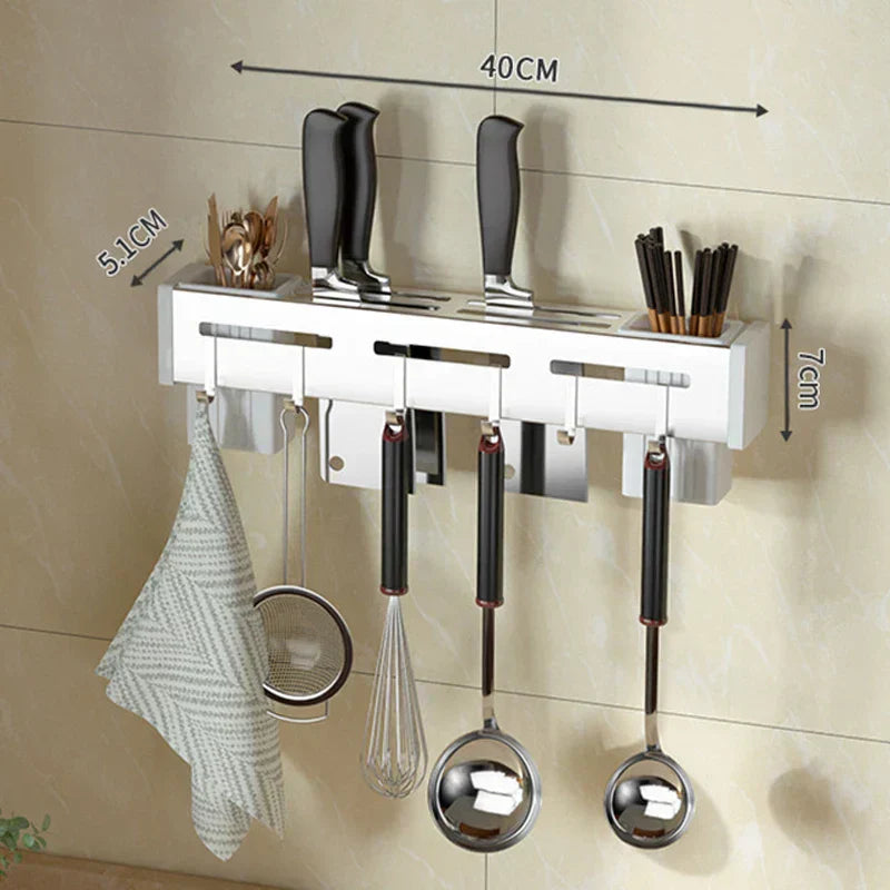 Modern Wall Mount Knife Rack with Utensil Hooks