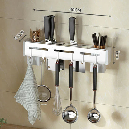 Modern Wall Mount Knife Rack with Utensil Hooks