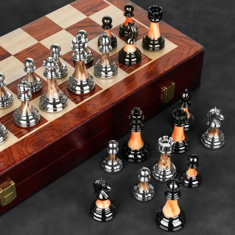 High Quality Wooden Chess Set with Large Metal Pieces