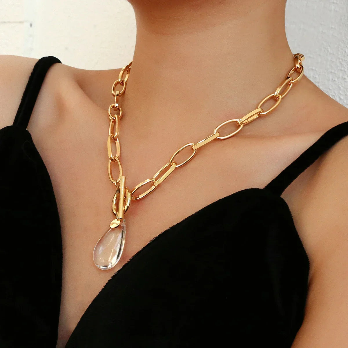 Bold Crystal Drop Circle Pendant Necklace