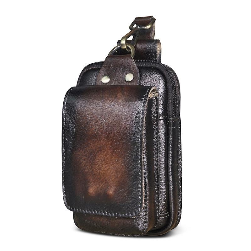Men's Real Leather Travel Belt Bag with Secure Snap Closure