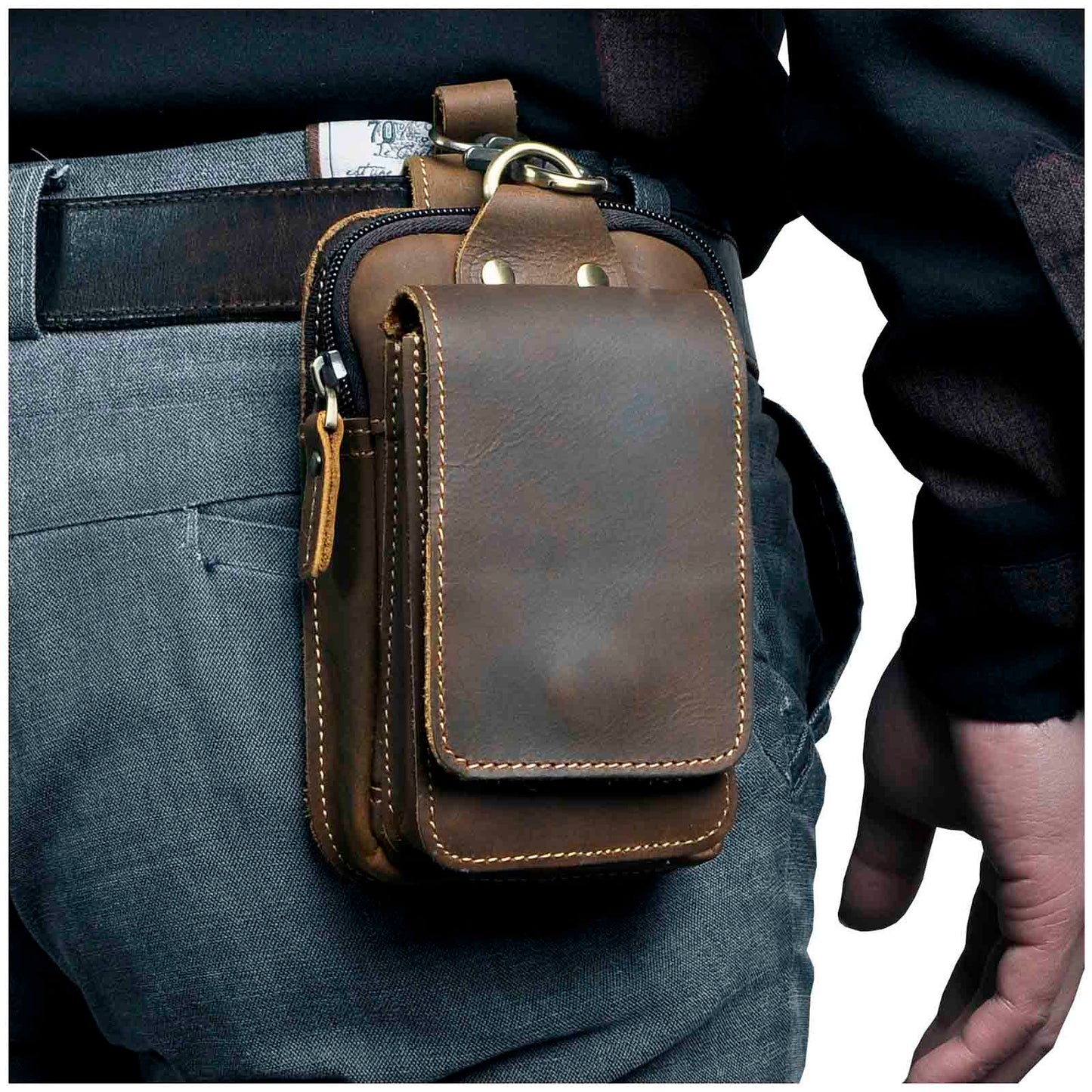 Men's Real Leather Travel Belt Bag with Secure Snap Closure - Fesara