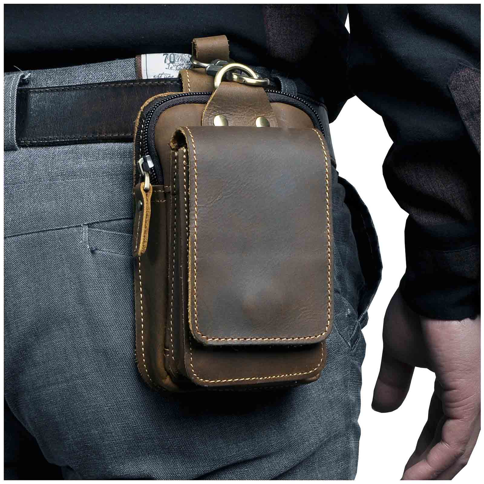 Men's Real Leather Travel Belt Bag with Secure Snap Closure - Fesara