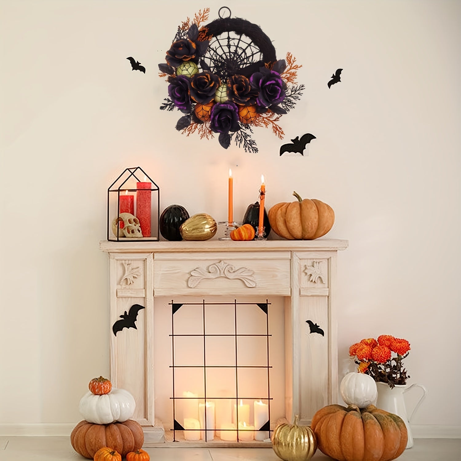 Halloween Gothic Floral Wreath - Black Roses & Spiderweb Front Door Decor with Glitter Accents 1
