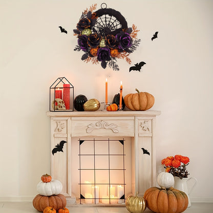 Halloween Gothic Floral Wreath - Black Roses & Spiderweb Front Door Decor with Glitter Accents 1
