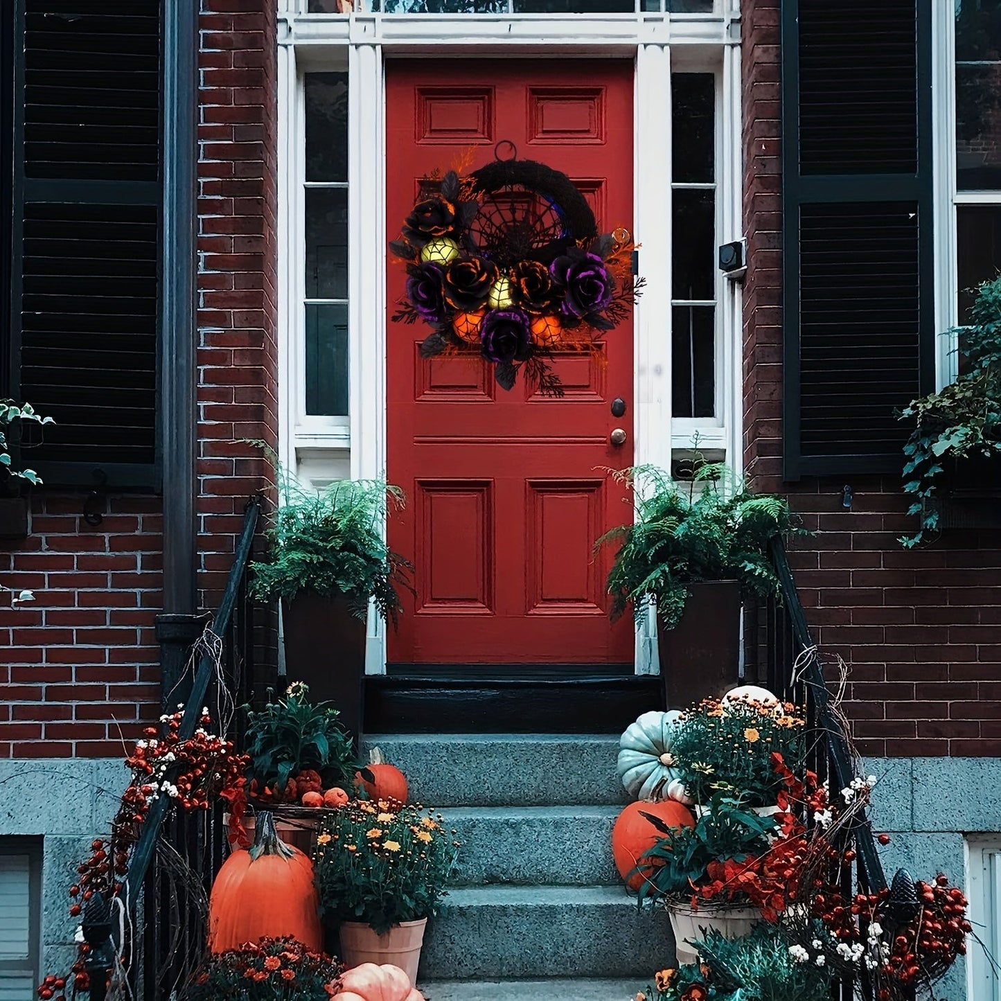Halloween Gothic Floral Wreath - Black Roses & Spiderweb Front Door Decor with Glitter Accents 3