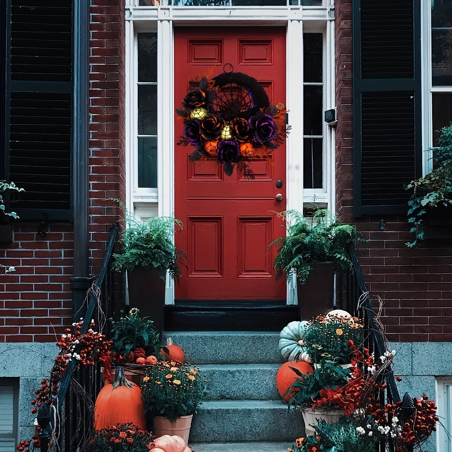 Halloween Gothic Floral Wreath - Black Roses & Spiderweb Front Door Decor with Glitter Accents 3