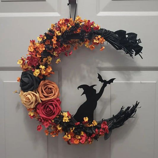 Autumn Floral Halloween Wreath – Moon Shape Door Decor - Fesara