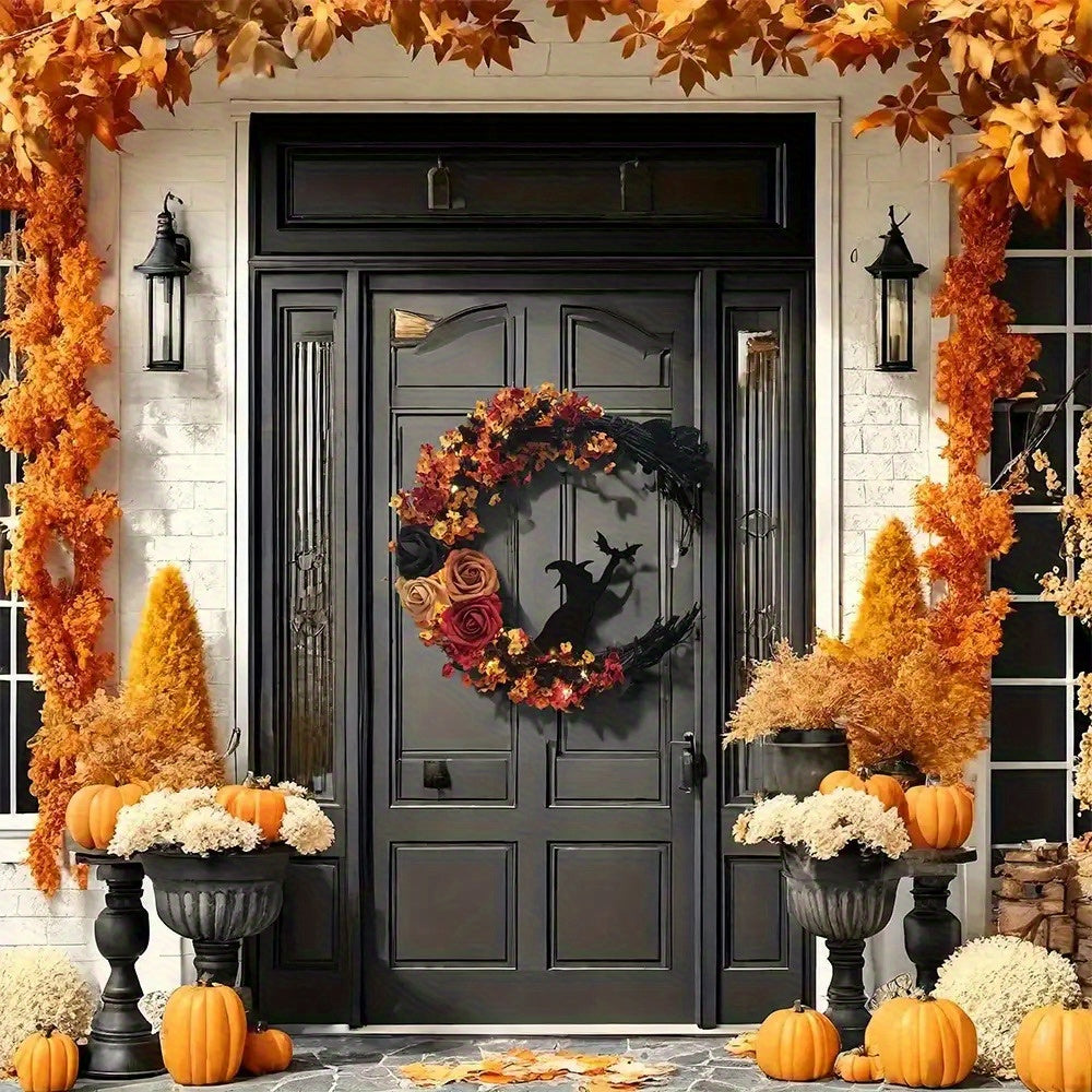 Halloween Rustic Witch Floral Wreath | Crescent Moon Door Decor 3
